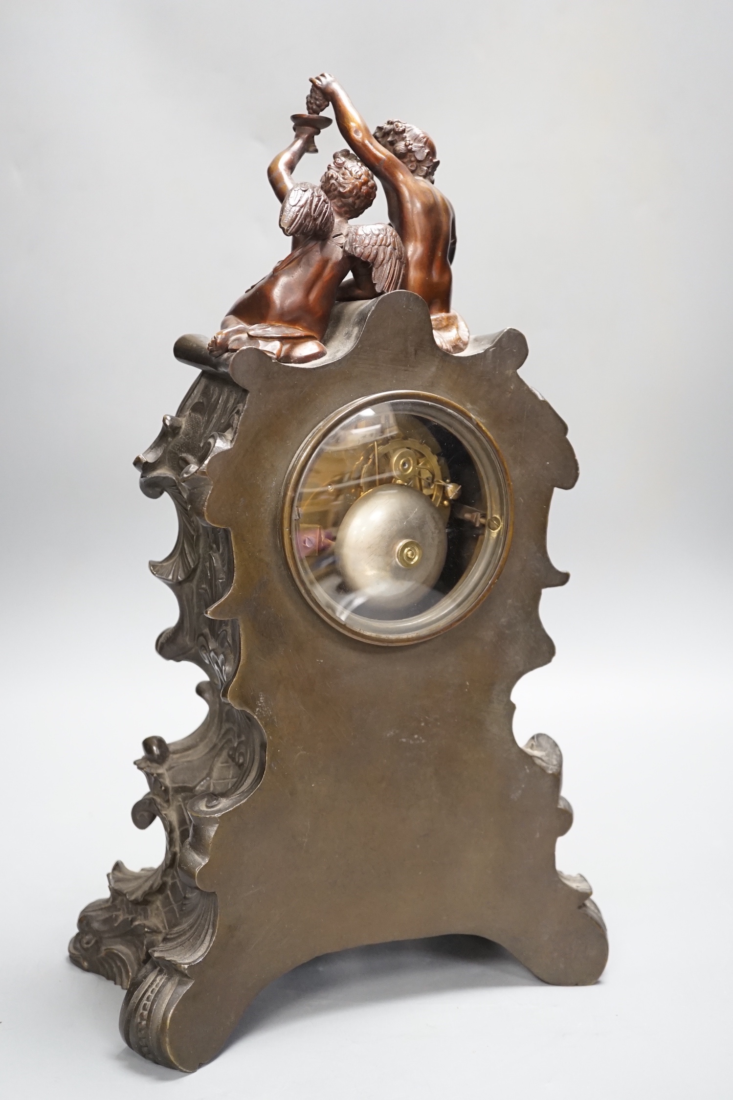 A late 19th French bronze figural mounted mantel clock 39cm